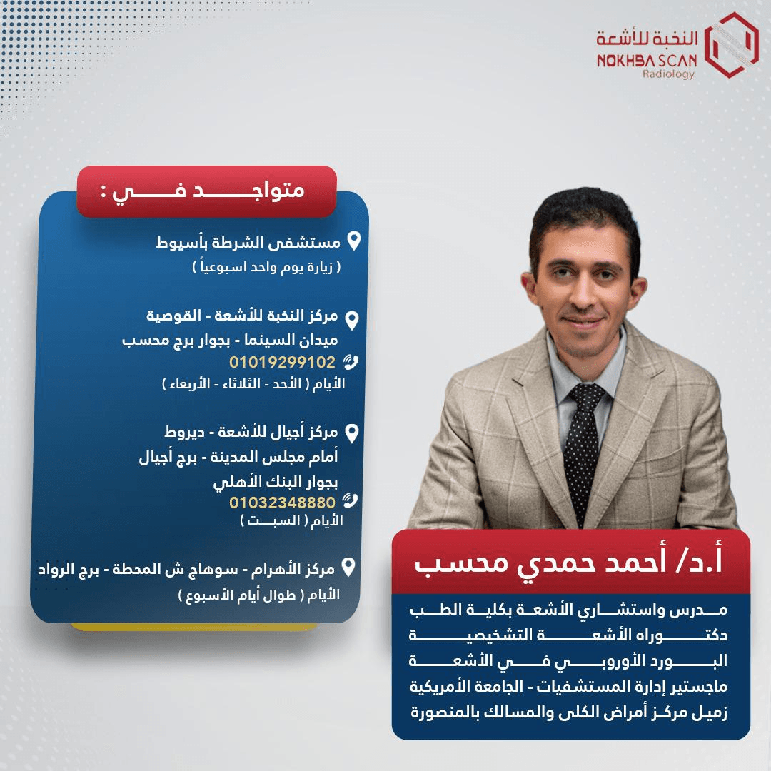 Clinic availability poster for Dr Ahmed Hamdy Mhsb across Assiut, Al-Qusiya, Dairout and Sohag