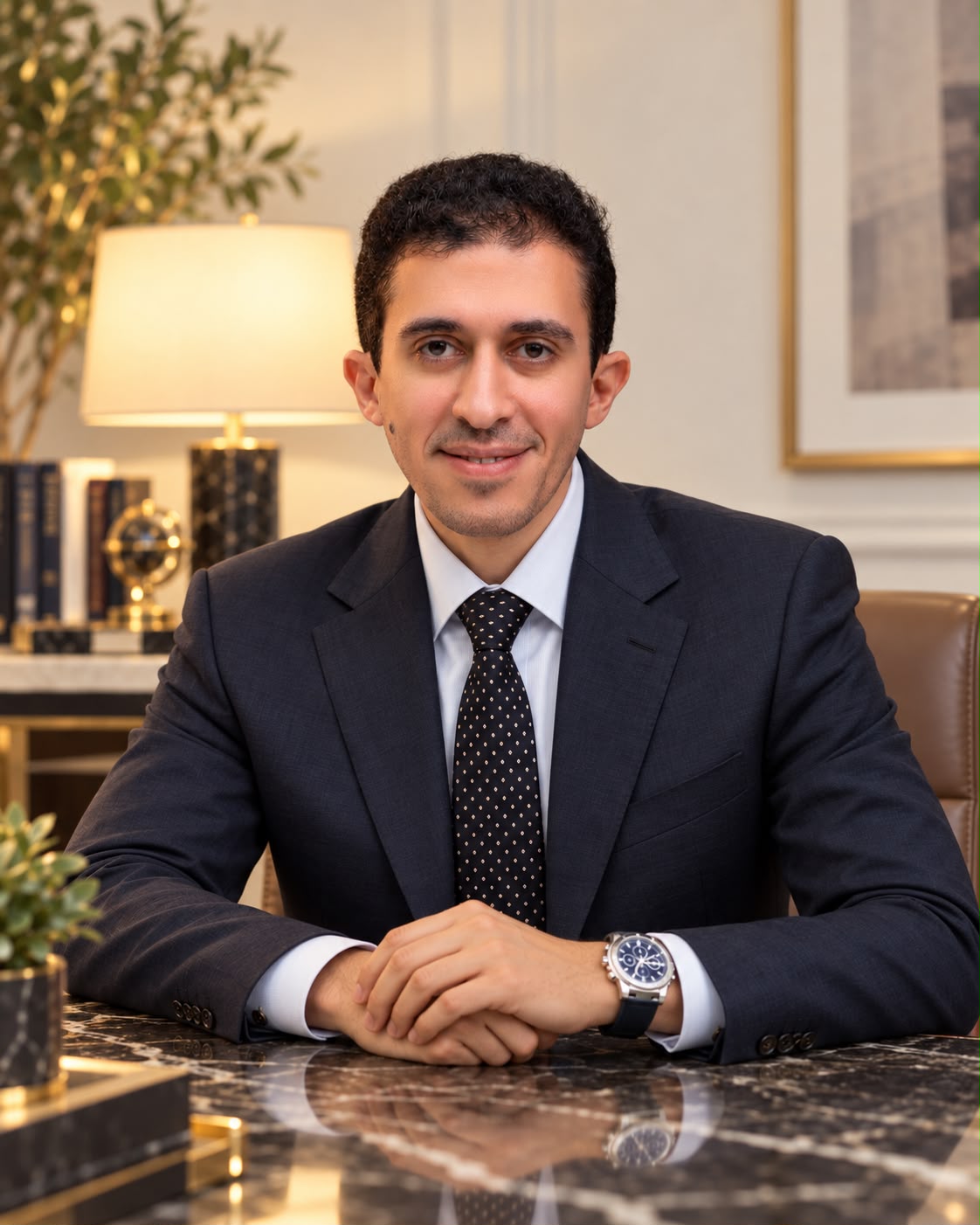 Dr Ahmed Hamdy Mhsb in a formal suit, seated at his desk